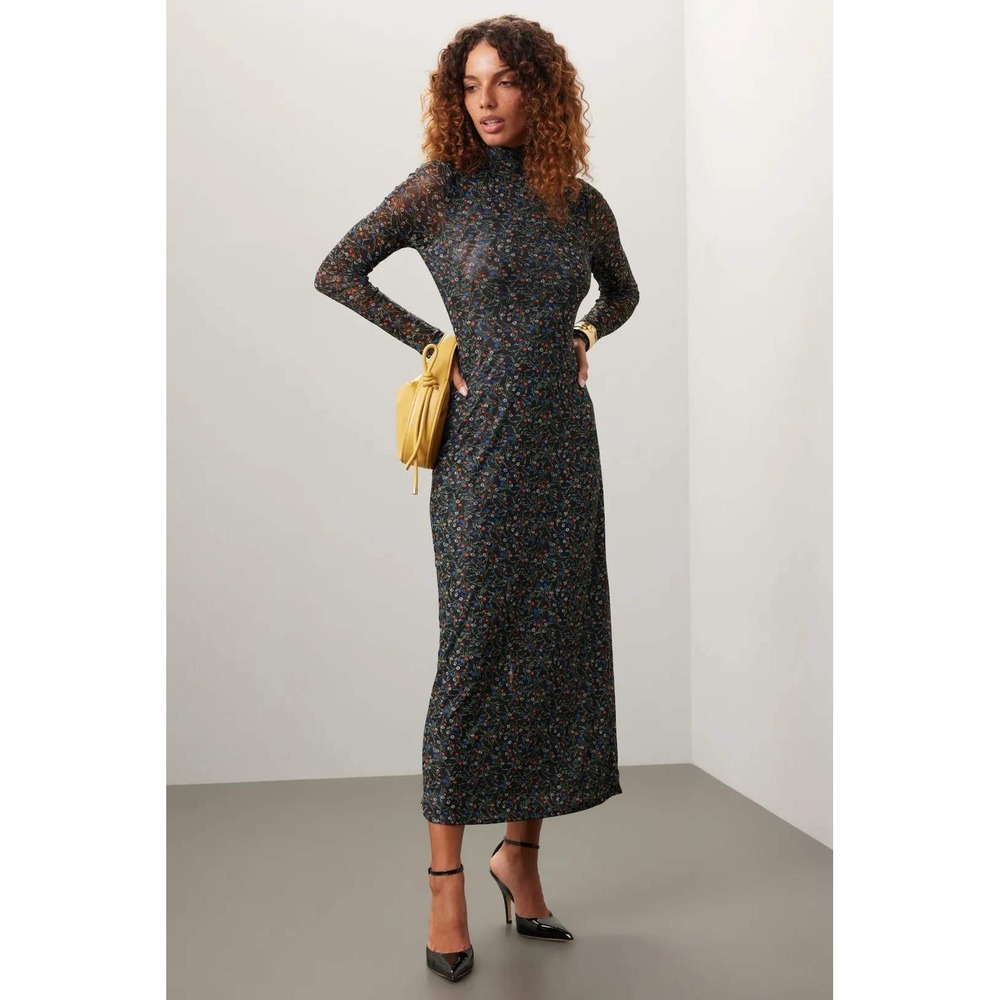ROSETTA GETTY Mesh Floral Mock Neck Long Sleeve Maxi Dress Black Size 4